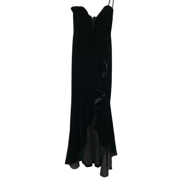 Windsor S Black Velvet Strapless Plunge Ruffle High Low Formal Gown Maxi Dress - Picture 3 of 11